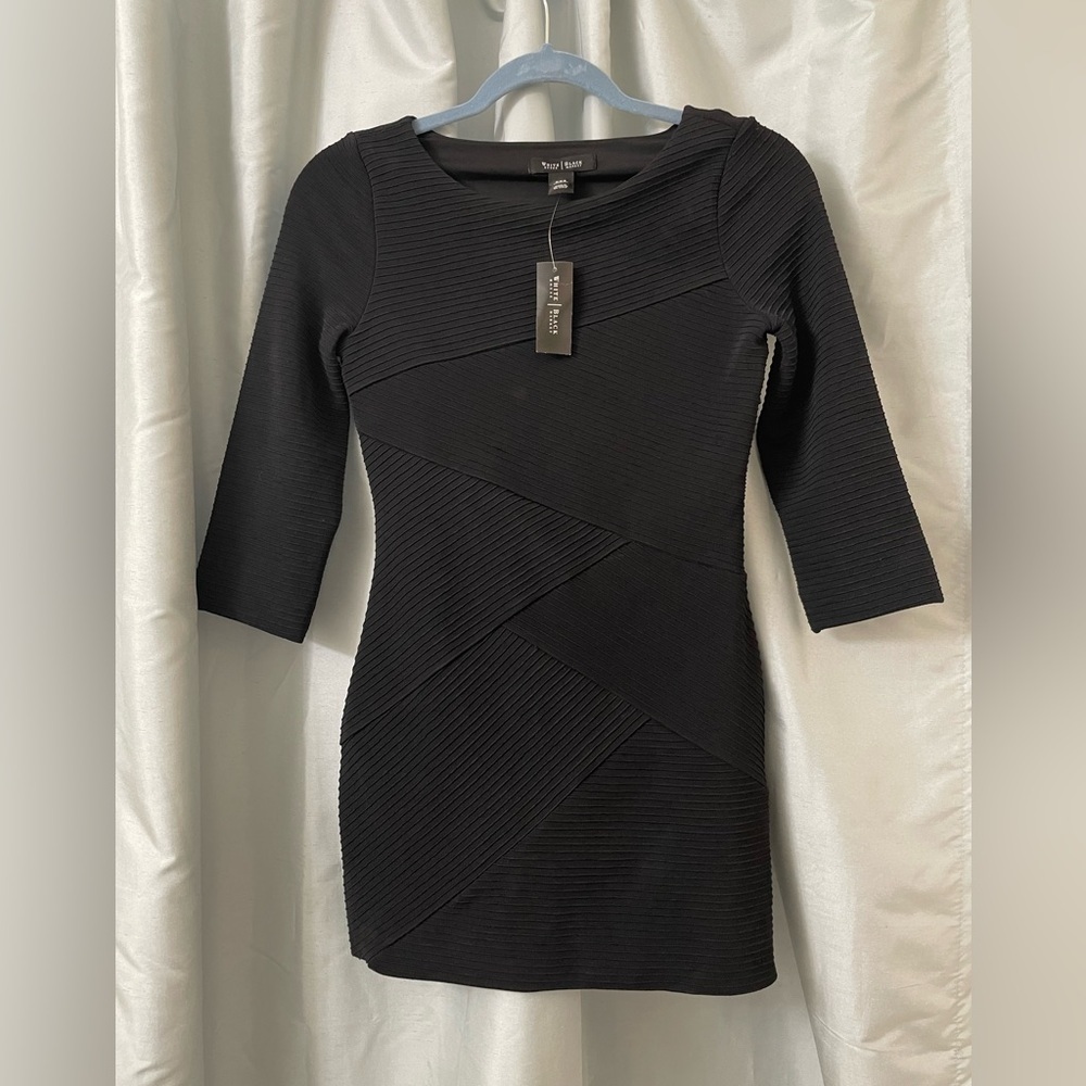 White House Black Market Xxs Mini Black Textured Long Sleeve Dress